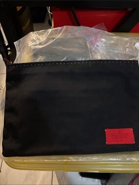 Valentino Garavani Black Canvas Pouch with Red Logo Patch